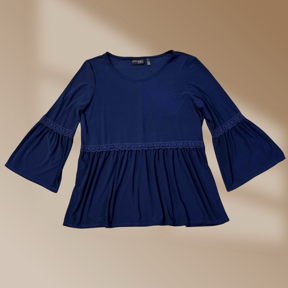 Attitudes by Renee Womens Navy Blue Bell Sleeve & Lace Stylish Top Blouse Sz L